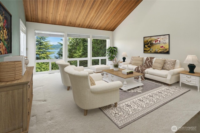 2838 170th Ave SE, Bellevue, WA 98008 - living area with wood ceiling, carpet flooring, and high vaulted ceiling