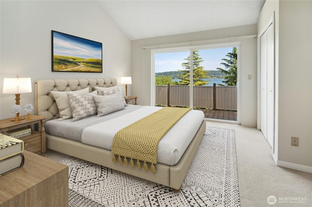 2838 170th Ave SE, Bellevue, WA 98008 - bedroom featuring access to outside, light carpet, and vaulted ceiling
