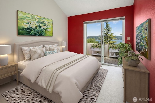 2838 170th Ave SE, Bellevue, WA 98008 - carpeted bedroom with access to outside, vaulted ceiling, and a water view