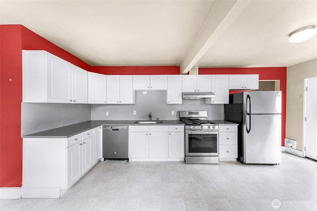2304 F St, Bellingham, WA 98225 - kitchen featuring appliances with stainless steel finishes, under cabinet range hood, white cabinetry, dark countertops, and beamed ceiling
