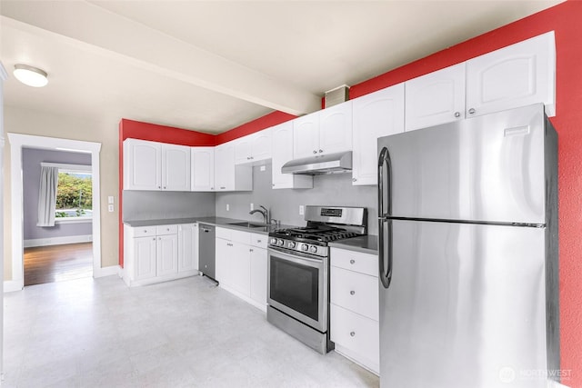 2304 F St, Bellingham, WA 98225 - kitchen featuring stainless steel appliances, under cabinet range hood, white cabinetry, beamed ceiling, and dark countertops