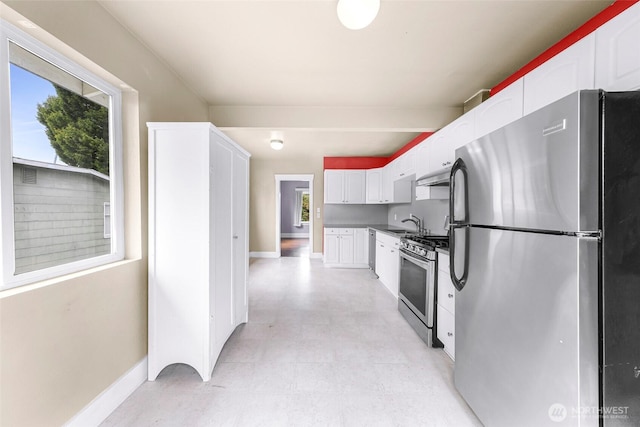 2304 F St, Bellingham, WA 98225 - kitchen with appliances with stainless steel finishes, white cabinetry, extractor fan, light floors, and dark countertops