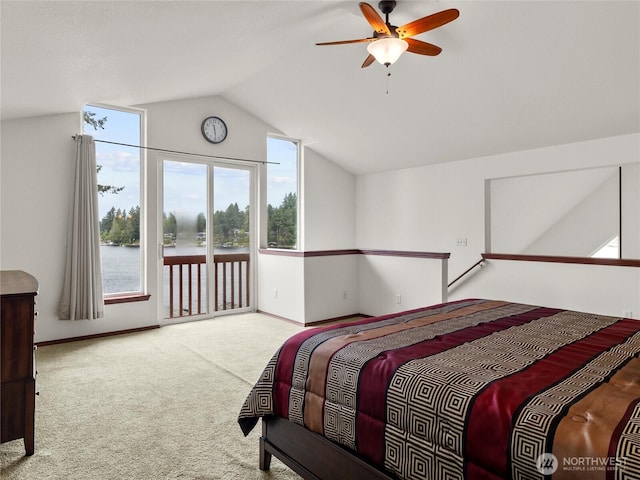 2519 Carpenter Rd, Lacey, WA 98503 - bedroom with access to exterior, carpet, lofted ceiling, a water view, and a ceiling fan