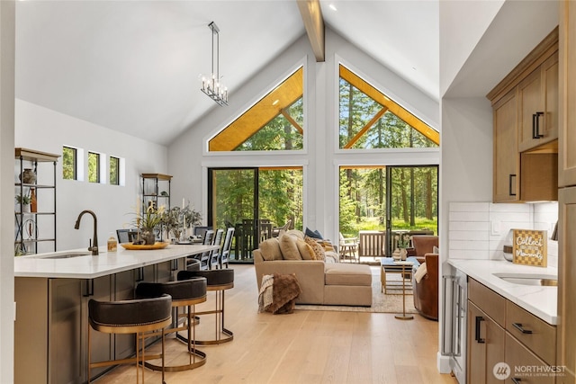 81 Plateau Loop, Cle Elum, WA 98922 - kitchen with high vaulted ceiling, beam ceiling, light wood finished floors, backsplash, and a kitchen bar