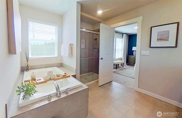 5845 Waverly Rd SW, Port Orchard, WA 98367 - bathroom with a stall shower, a bath, tile patterned floors, and recessed lighting