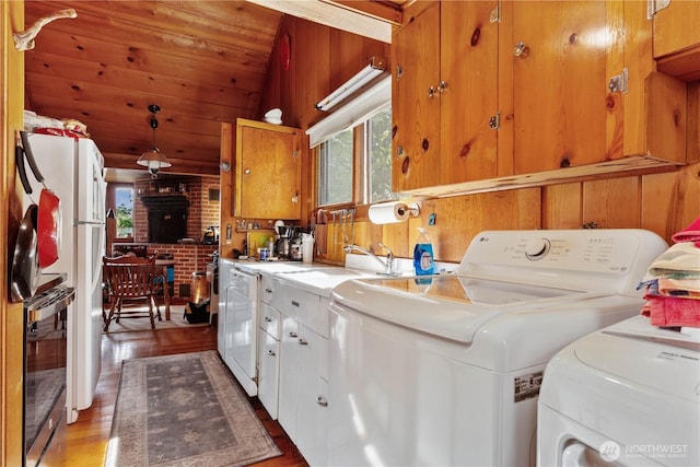 9368 S Lakeshore Rd, Chelan, WA 98816 - laundry room featuring wood finished floors, wood walls, washer and dryer, and wood ceiling