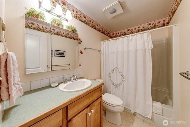 141 Leslie Ln, Sequim, WA 98382 - full bathroom with vanity, decorative backsplash, shower / tub combo, and tile patterned floors