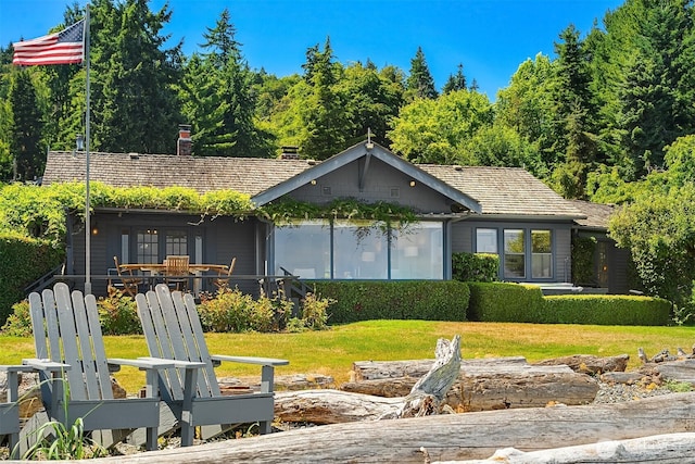 14504 Glen Acres Rd, Vashon, WA 98070 - back of property featuring a chimney and a lawn