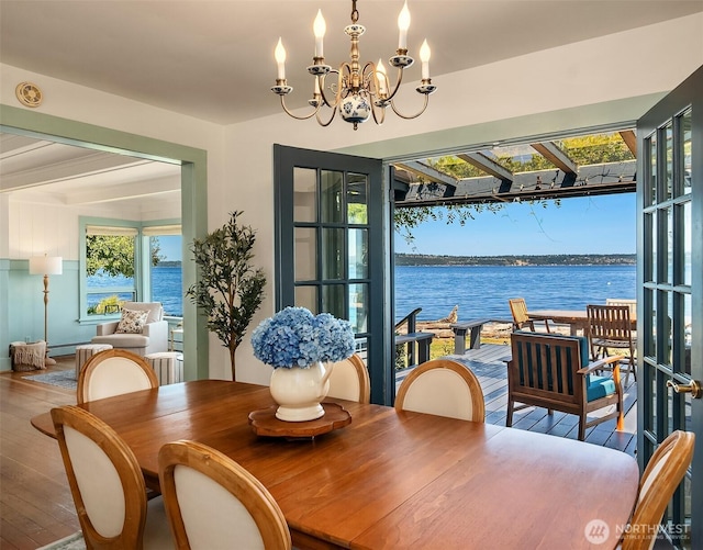 14504 Glen Acres Rd, Vashon, WA 98070 - dining room featuring hardwood / wood-style floors, a chandelier, and a water view
