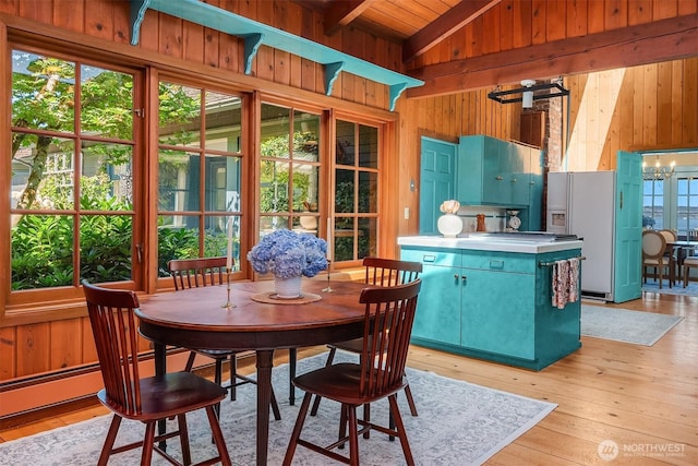 14504 Glen Acres Rd, Vashon, WA 98070 - dining area with wood walls, light wood-type flooring, a chandelier, and wood ceiling