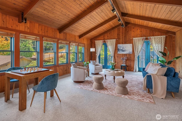 14504 Glen Acres Rd, Vashon, WA 98070 - carpeted living room with healthy amount of natural light, wooden walls, and wood ceiling
