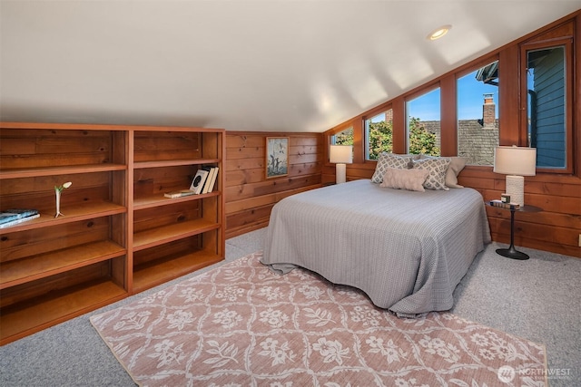14504 Glen Acres Rd, Vashon, WA 98070 - bedroom featuring light carpet, vaulted ceiling, and wooden walls