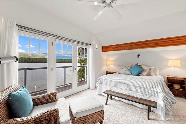15320 Cedar Brae, Leavenworth, WA 98826 - bedroom featuring vaulted ceiling, access to outside, carpet floors, ceiling fan, and a water view