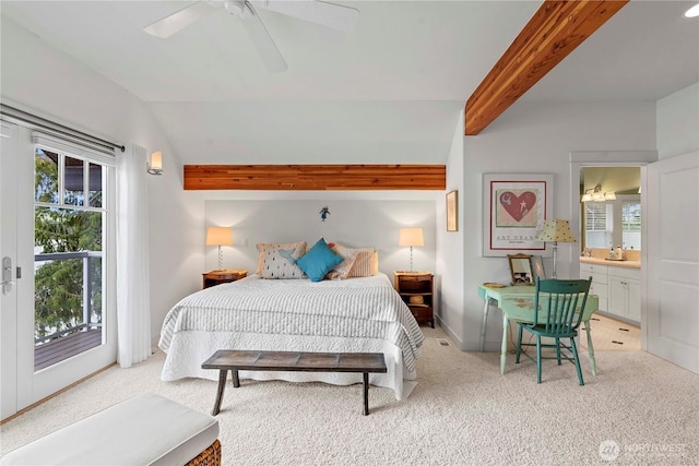 15320 Cedar Brae, Leavenworth, WA 98826 - bedroom featuring light colored carpet, ceiling fan, ensuite bathroom, and access to outside
