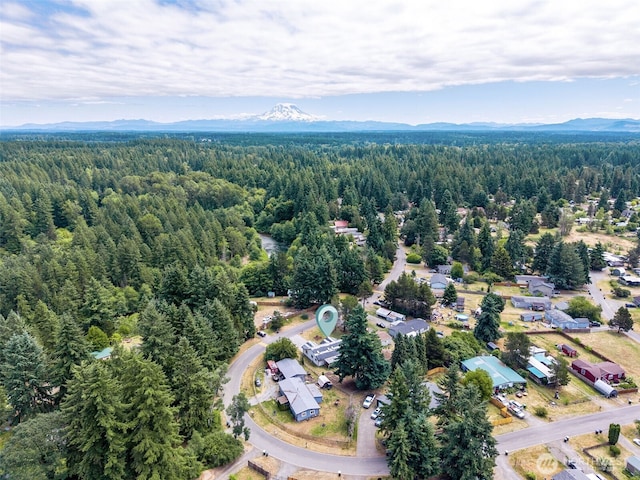8537 Thuja Ave SE, Yelm, WA 98597 - aerial view of property's location with a heavily wooded area and a mountainous background