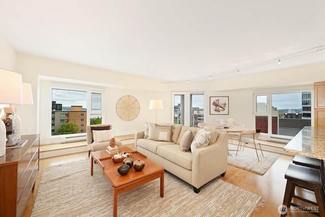 121 Vine St Unit 703, Seattle, WA 98121 - living area with light wood-style flooring, rail lighting, plenty of natural light, and a baseboard heating unit