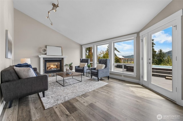 12712 232nd Ave E, Buckley, WA 98321 - living room with lofted ceiling, a glass covered fireplace, and wood finished floors