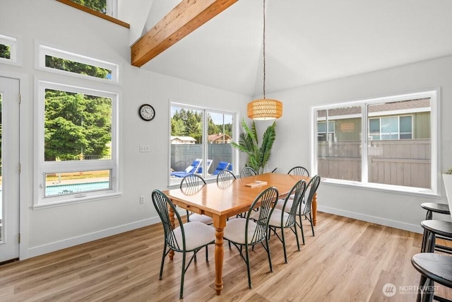 491 Pebble Beach Dr, Cle Elum, WA 98922 - dining space featuring light wood-style floors, beam ceiling, and high vaulted ceiling