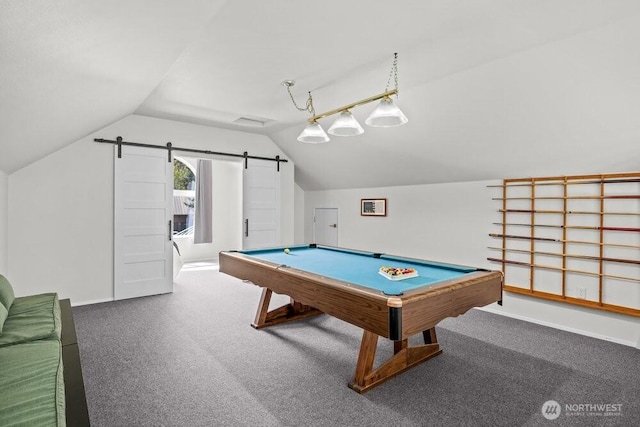 491 Pebble Beach Dr, Cle Elum, WA 98922 - game room with a barn door, lofted ceiling, carpet floors, and billiards