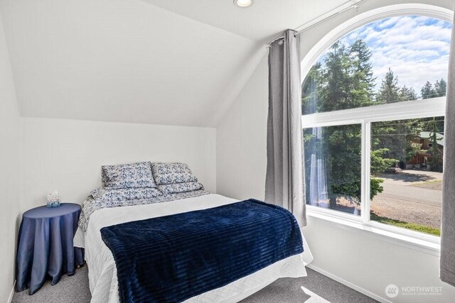 491 Pebble Beach Dr, Cle Elum, WA 98922 - bedroom featuring carpet floors, vaulted ceiling, and recessed lighting