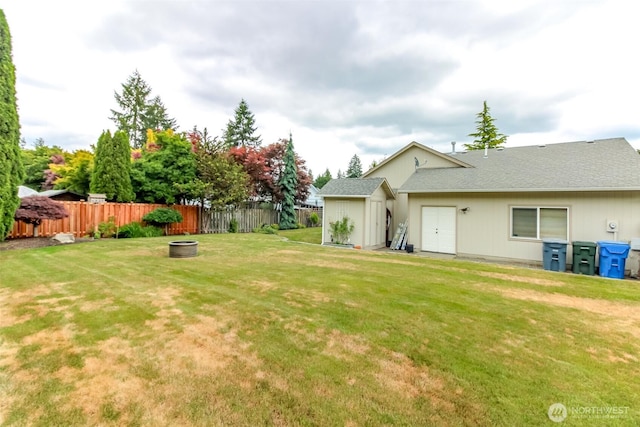 5117 77th St E, Tacoma, WA 98443 - fenced backyard featuring a storage unit and a fire pit