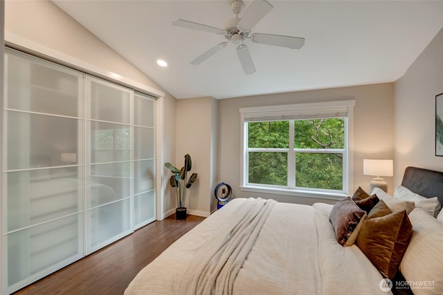 3116 164th St SW Unit 806, Lynnwood, WA 98087 - bedroom with dark wood-style flooring, vaulted ceiling, ceiling fan, and recessed lighting