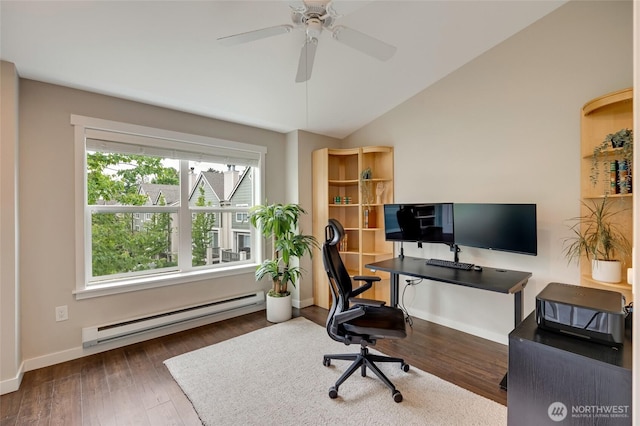 3116 164th St SW Unit 806, Lynnwood, WA 98087 - home office featuring a baseboard radiator, hardwood / wood-style flooring, vaulted ceiling, and a ceiling fan