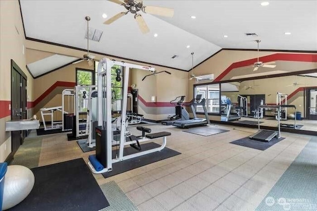 3116 164th St SW Unit 806, Lynnwood, WA 98087 - gym with a ceiling fan, vaulted ceiling, plenty of natural light, and recessed lighting