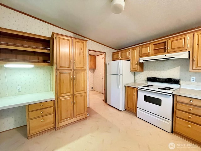 115 4th Ave SE, Soap Lake, WA 98851 - kitchen featuring white appliances, under cabinet range hood, open shelves, wallpapered walls, and ornamental molding