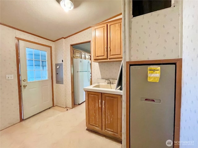 115 4th Ave SE, Soap Lake, WA 98851 - kitchen with freestanding refrigerator, wallpapered walls, crown molding, electric panel, and fridge