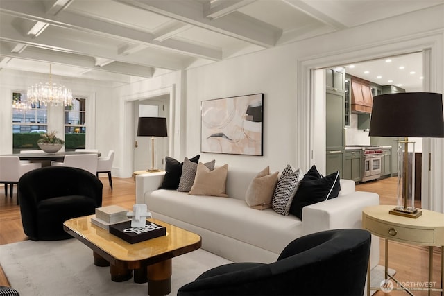 740 22nd Ave E, Seattle, WA 98112 - living area with light wood-style floors, a chandelier, coffered ceiling, and beam ceiling