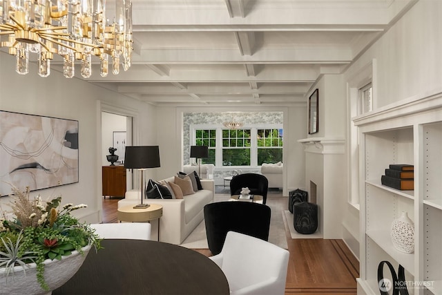 740 22nd Ave E, Seattle, WA 98112 - living area featuring wood finished floors, a chandelier, coffered ceiling, and beamed ceiling