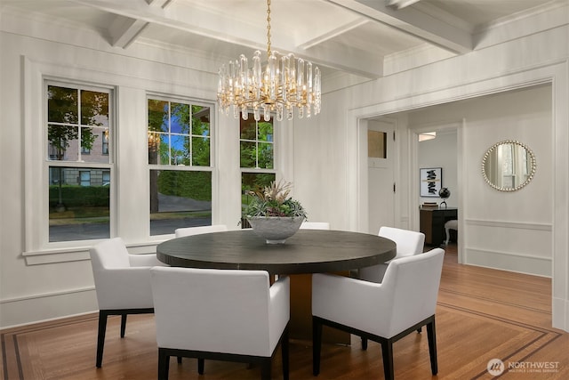 740 22nd Ave E, Seattle, WA 98112 - dining space featuring a chandelier, beam ceiling, and wood finished floors