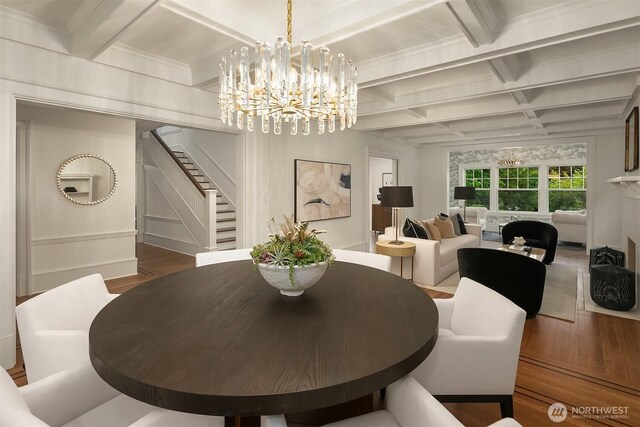 740 22nd Ave E, Seattle, WA 98112 - dining room featuring coffered ceiling, stairs, wood finished floors, a chandelier, and beam ceiling