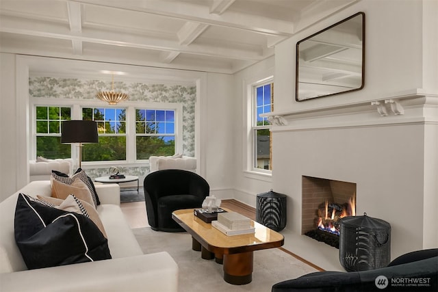 740 22nd Ave E, Seattle, WA 98112 - living room featuring coffered ceiling, a fireplace with flush hearth, and beamed ceiling