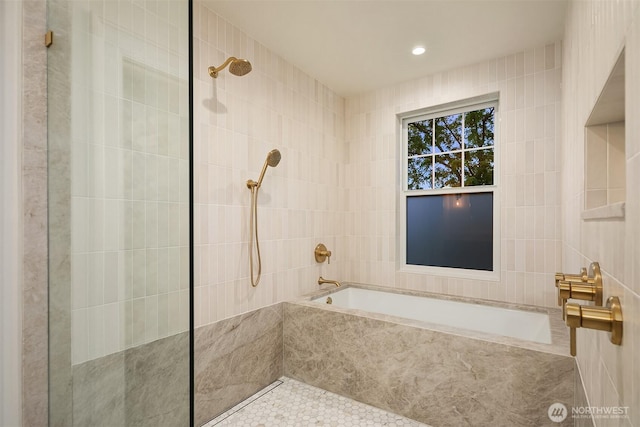 740 22nd Ave E, Seattle, WA 98112 - full bath with tiled shower, tile walls, a tub, and tile patterned flooring
