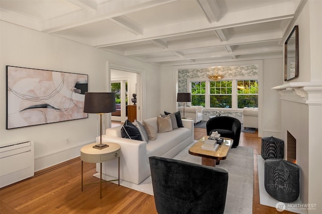 740 22nd Ave E, Seattle, WA 98112 - living room with wood finished floors, coffered ceiling, a fireplace, and beamed ceiling