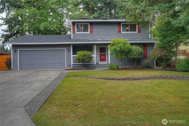 16420 92nd Avenue Ct E, Puyallup, WA 98375 - traditional-style home featuring an attached garage, driveway, a front lawn, and covered porch