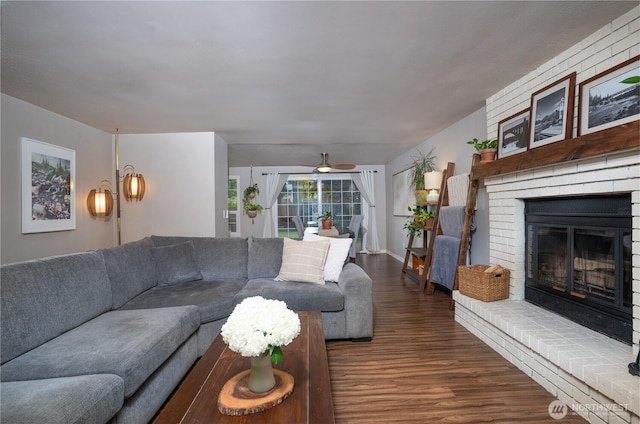 16420 92nd Avenue Ct E, Puyallup, WA 98375 - living room featuring dark wood-style floors, a fireplace, and ceiling fan