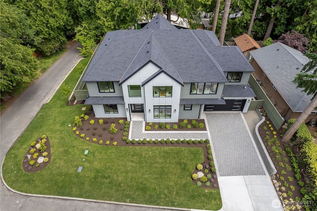 1806 154th Ave SE, Bellevue, WA 98007 - view of front of property with a shingled roof, driveway, a front lawn, and an attached garage