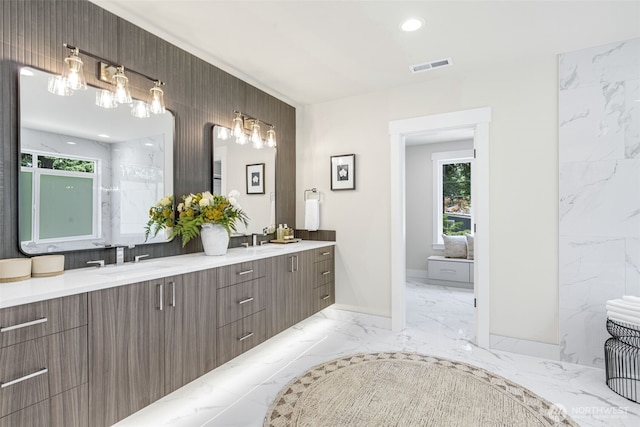 1806 154th Ave SE, Bellevue, WA 98007 - bathroom with marble tiled flooring, double vanity, recessed lighting, a marble finish shower, and a chandelier