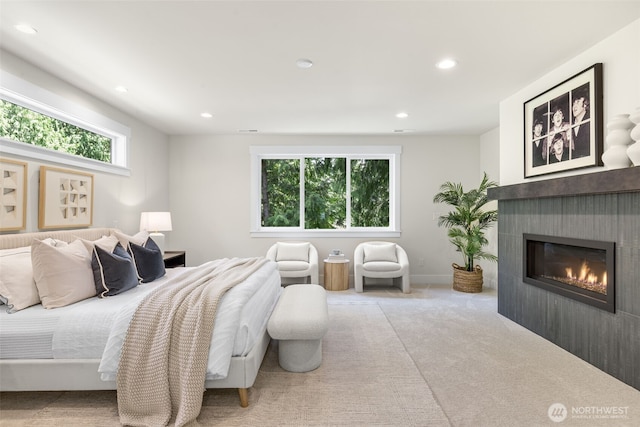1806 154th Ave SE, Bellevue, WA 98007 - carpeted bedroom with recessed lighting and a fireplace
