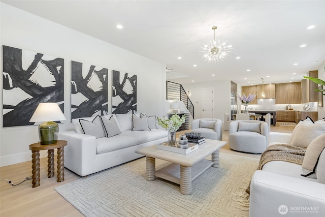 1806 154th Ave SE, Bellevue, WA 98007 - living area featuring light wood-style flooring, stairs, recessed lighting, and a chandelier
