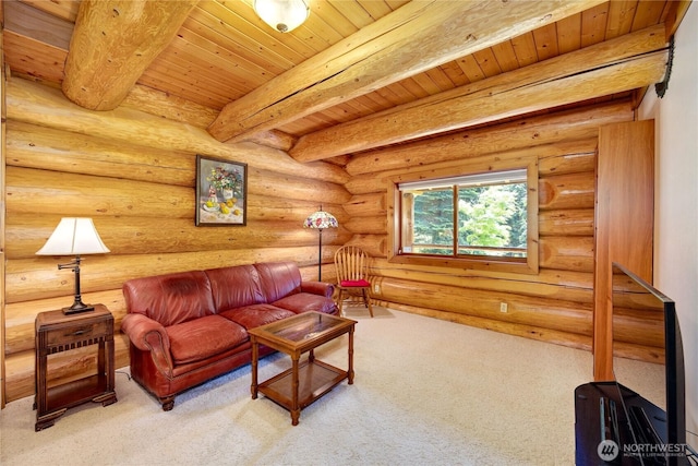 194 Protection Ridge Dr, Port Townsend, WA 98368 - living room with a wooden ceiling with exposed beams and carpet floors