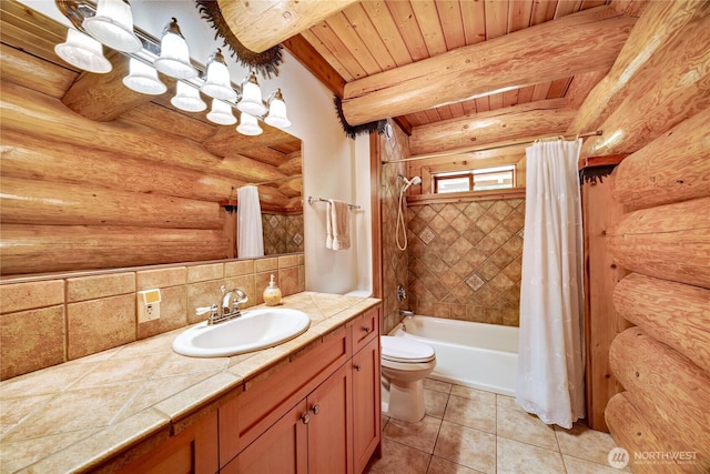 194 Protection Ridge Dr, Port Townsend, WA 98368 - full bathroom with vanity, log walls, shower / bath combo, a wooden ceiling with exposed beams, and tile patterned flooring