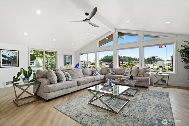 153 Swinomish Dr, La Conner, WA 98257 - living area featuring beamed ceiling, light wood-style floors, ceiling fan, recessed lighting, and high vaulted ceiling