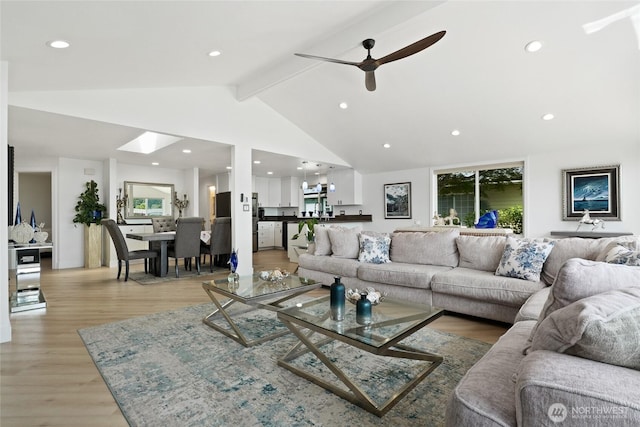 153 Swinomish Dr, La Conner, WA 98257 - living room with light wood-style flooring, a ceiling fan, and recessed lighting