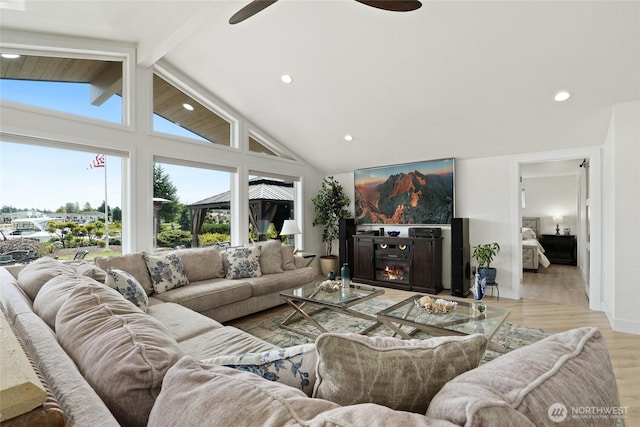 153 Swinomish Dr, La Conner, WA 98257 - living room with a ceiling fan, beamed ceiling, light wood-type flooring, high vaulted ceiling, and recessed lighting