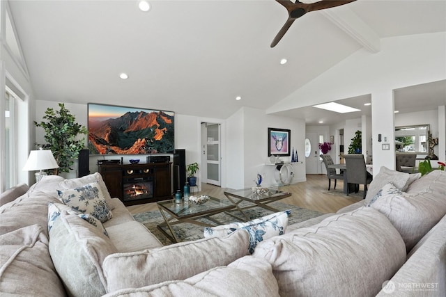 153 Swinomish Dr, La Conner, WA 98257 - living area featuring light wood finished floors, recessed lighting, ceiling fan, and a glass covered fireplace