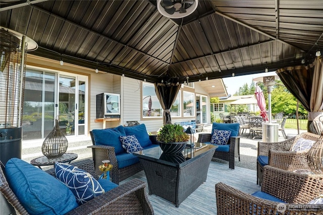 153 Swinomish Dr, La Conner, WA 98257 - wooden terrace featuring outdoor lounge area, a gazebo, and outdoor dining space